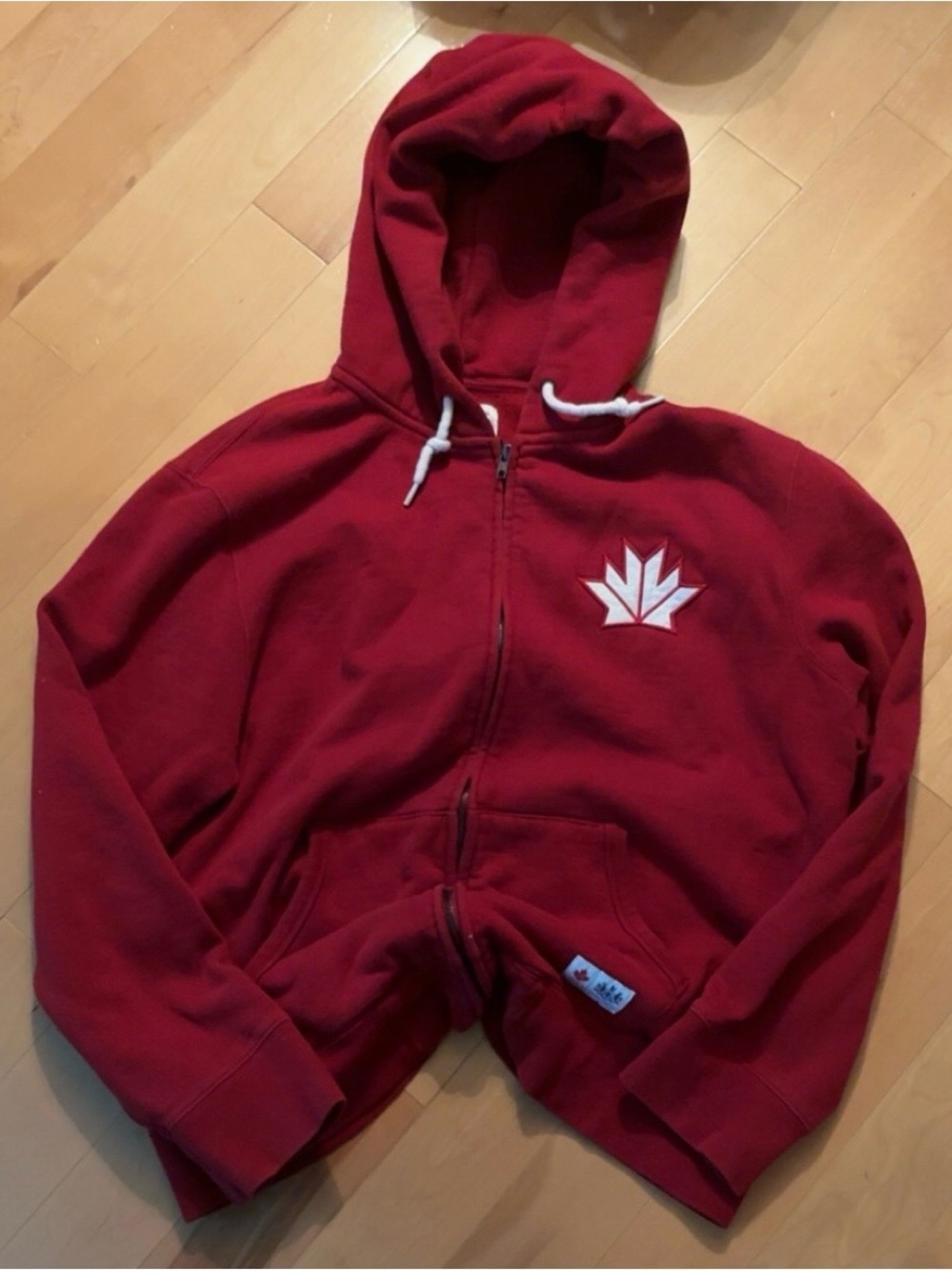 Men's Red Full-Zip Hooded Sweatshirt with White Maple Accent